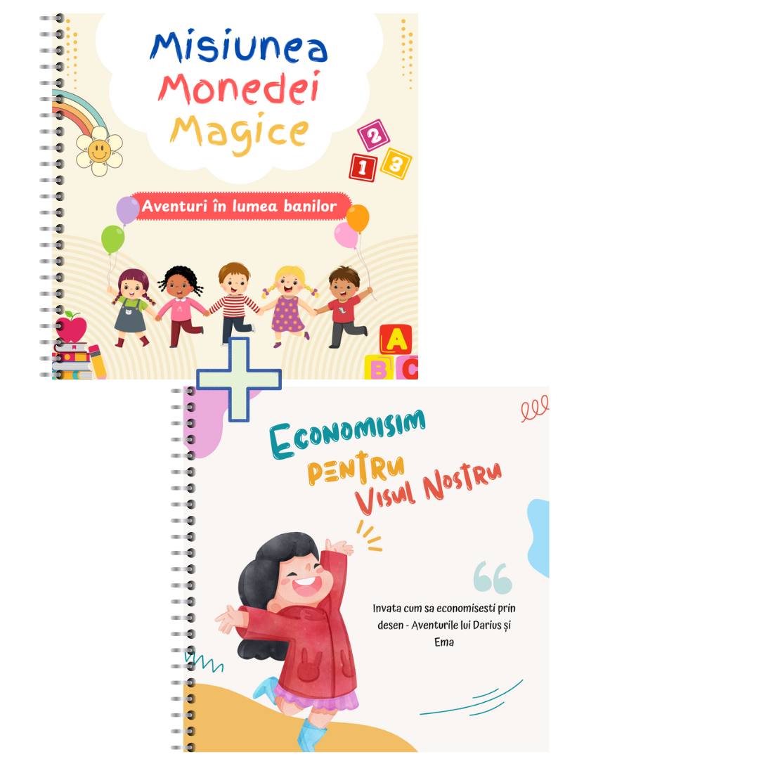 Misiunea Monedei Magice si Economisim pentru Visul Nostru – Carte de colorat educativa despre bani si economii