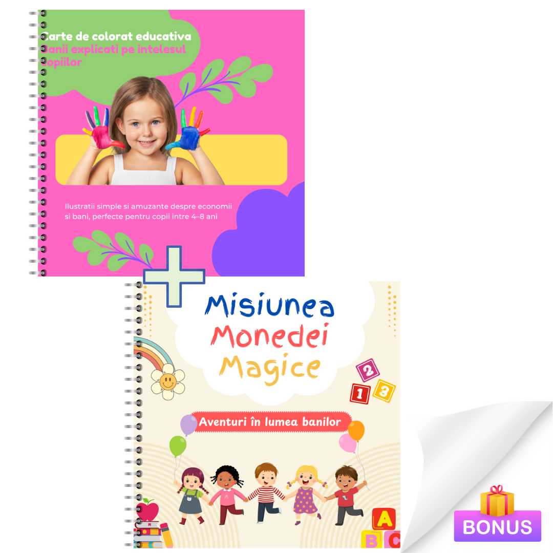 Banii pe intelesul celor mici si Misiunea Monedei Magice – Carte de colorat educativa despre bani si economii + BONUS