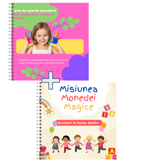 Banii pe intelesul celor mici si Misiunea Monedei Magice – Carte de colorat educativa despre bani si economii