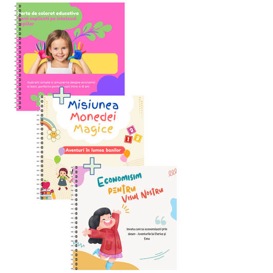Banii pe intelesul celor mici + Economisim pentru Visul Nostru + Misiunea Monedei Magice – Carte de colorat educativa despre bani si economii