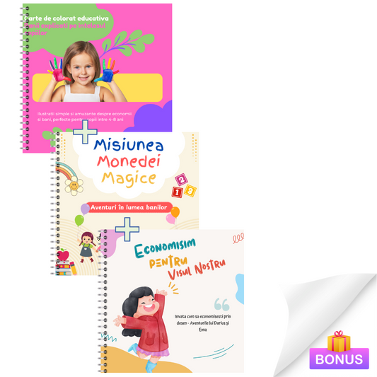 Banii pe intelesul celor mici + Economisim pentru Visul Nostru + Misiunea Monedei Magice – Carte de colorat educativa despre bani si economii + BONUS