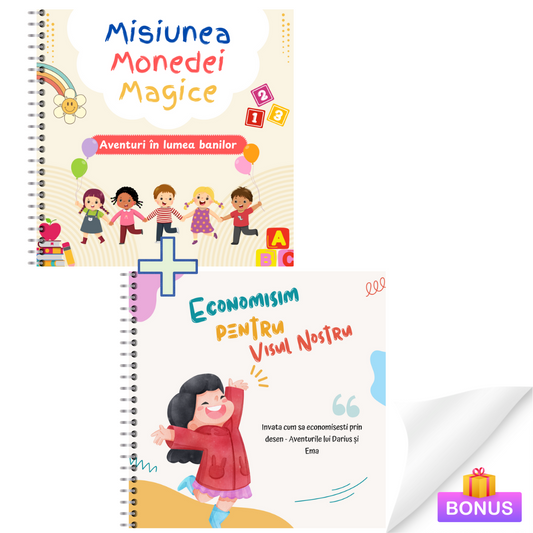 Misiunea Monedei Magice si Economisim pentru Visul Nostru – Carte de colorat educativa despre bani si economii + BONUS