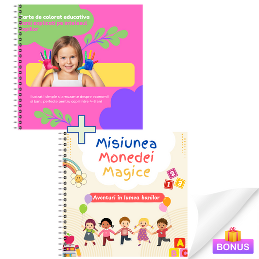 Banii pe intelesul celor mici si Misiunea Monedei Magice – Carte de colorat educativa despre bani si economii + BONUS